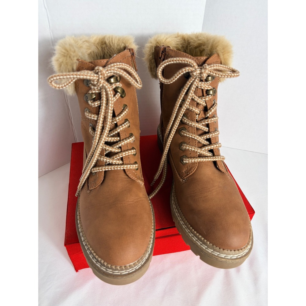 Comfort Est. 1946 Womens Combat Boots Tan 7 Faux Fur Trim Lace Up Side Zip Lug